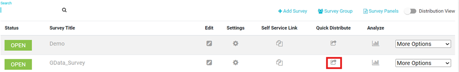 Image highlighting the Quick distribute icon of selected survey